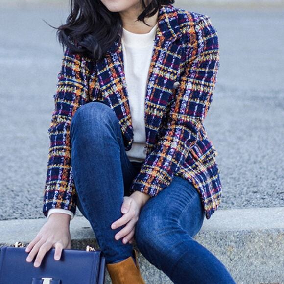 Halogen Plaid Tweed Blazer Jacket size 10 Navy Orange - Picture 3 of 8